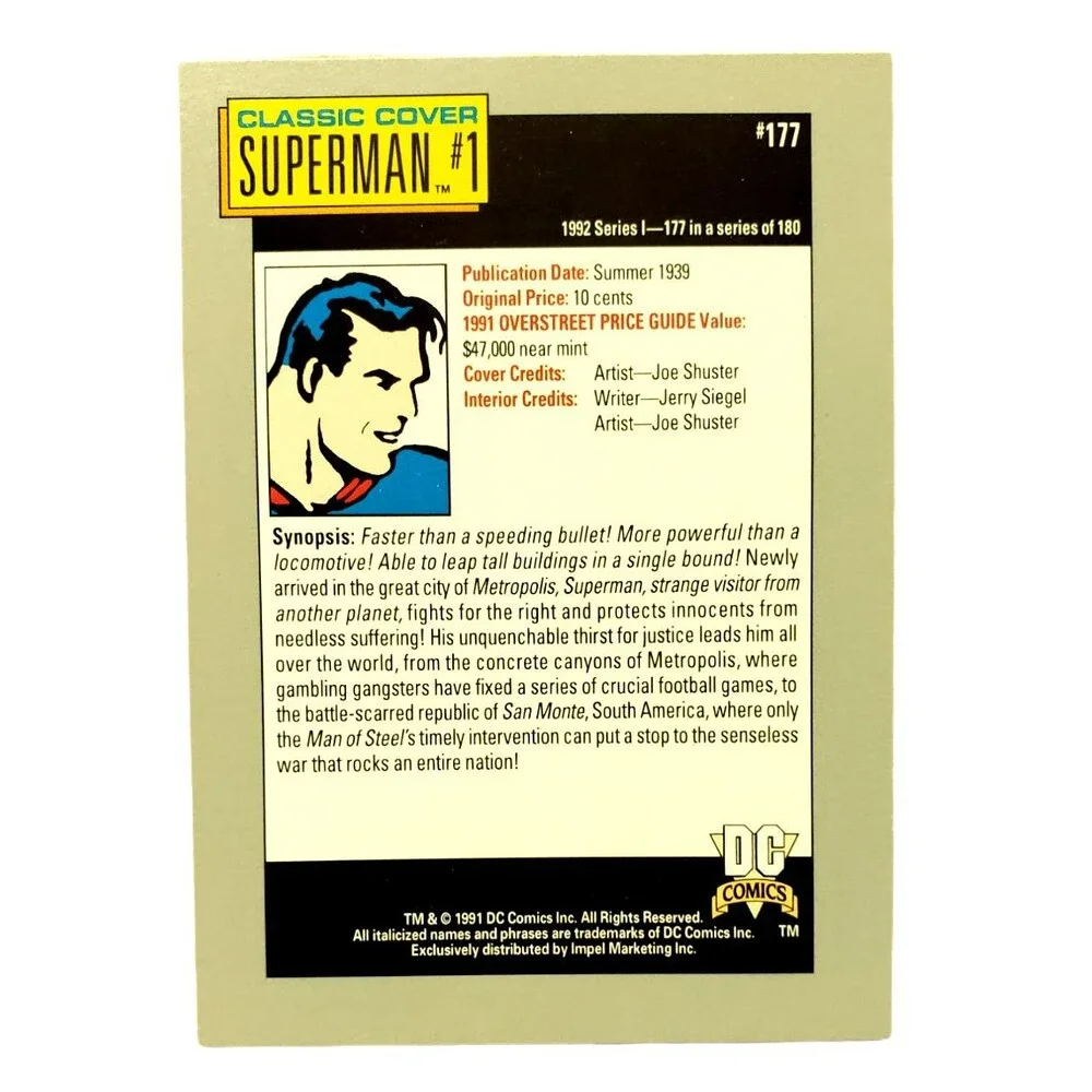 VTG 1992 Impel DC Comics SUPERMAN Classic Cover Superman 1 Card 177 1992 Serie 1